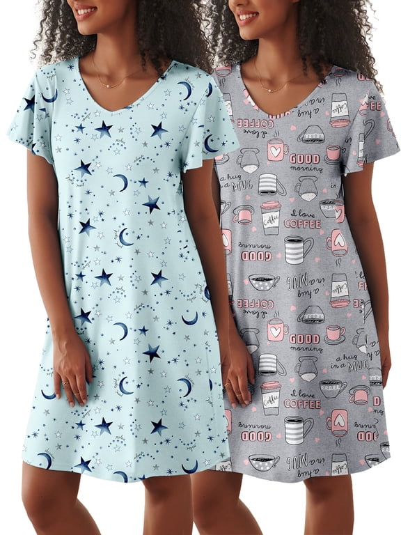 2 Pack Women Nightgown Sleepwear Flare Short Sleeve Sleepshirts Veck Sleepdress Causal Pajama Dress S-XXL