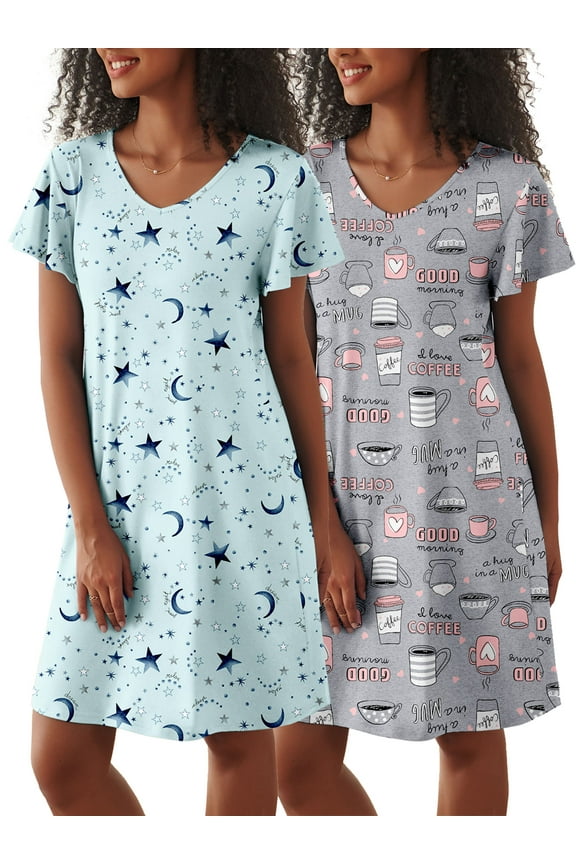 2 Pack Women Nightgown Sleepwear Flare Short Sleeve Sleepshirts Veck Sleepdress Causal Pajama Dress S-XXL
