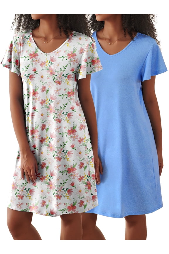 2 Pack Women Nightgown Sleepwear Flare Short Sleeve Sleepshirts Veck Sleepdress Causal Pajama Dress S-XXL