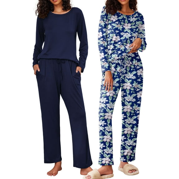 Avidlove 2 Pack Women Pajama Set Soft Long Sleeve Print Top and Pajama Bottoms Sleepwear Pjs Cozy Loungwear with Pockets S-XXL