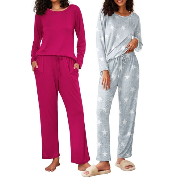 Avidlove 2 Pack Women Pajama Set Soft Long Sleeve Print Top and Pajama Bottoms Sleepwear Pjs Cozy Loungwear with Pockets S-XXL