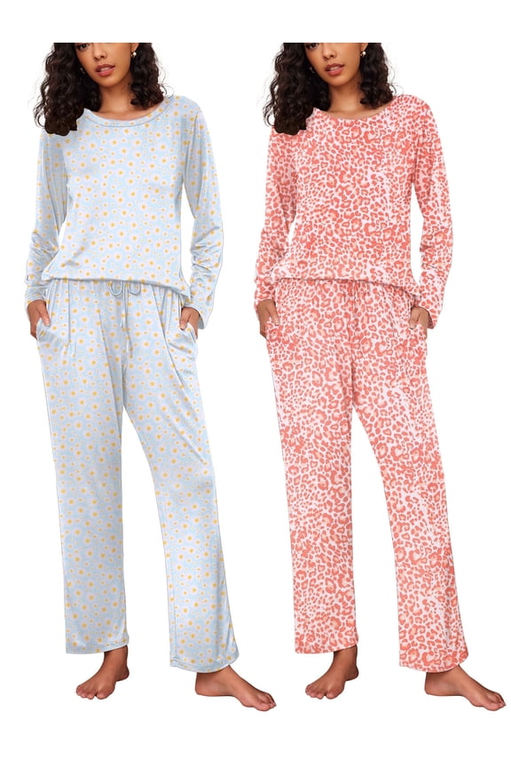 2 Pack Women Pajama Set Soft Long Sleeve Print Top and Pajama Bottoms Sleepwear Pjs Cozy Loungwear with Pockets S-XXL