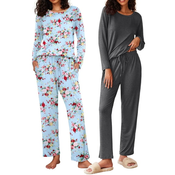 Avidlove 2 Pack Women Pajama Set Soft Long Sleeve Print Top and Pajama Bottoms Sleepwear Pjs Cozy Loungwear with Pockets S-XXL