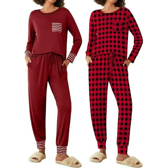 Avidlove 2 Pack Long Sleeve Christmas Pajama Set for Women Red Plaid Pjs Sets Ladies Fall Jogger Lounge Set Sleepwear with Pocket