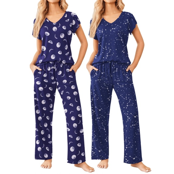 Avidlove 2 Pack Womens Pajamas Set Short Sleeve Sleepwear Top with Long Pants Soft Loungewear S-XXL