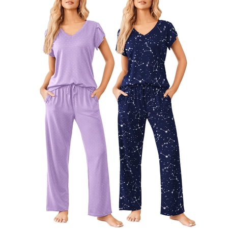 Avidlove 2 Pack Womens Pajamas Set Short Sleeve Sleepwear Top with Pj Pants Super-Soft Printed Lounge Sets S-XXL
