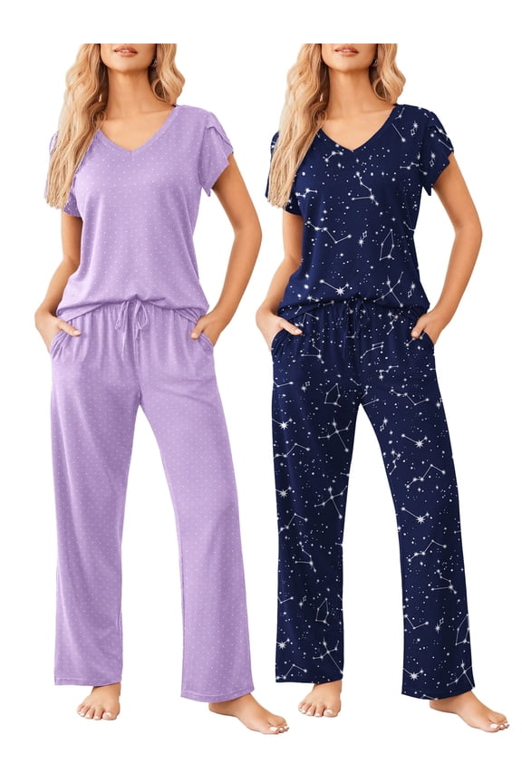 2 Pack Womens Pajamas Set Short Sleeve Sleepwear Top with Pj Pants Super-Soft Printed Lounge Sets S-XXL