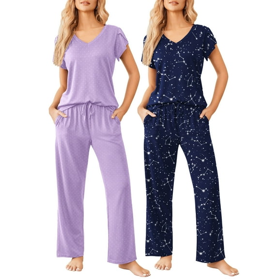 Avidlove 2 Pack Womens Pajamas Set Short Sleeve Sleepwear Top with Pj Pants Super-Soft Printed Lounge Sets S-XXL