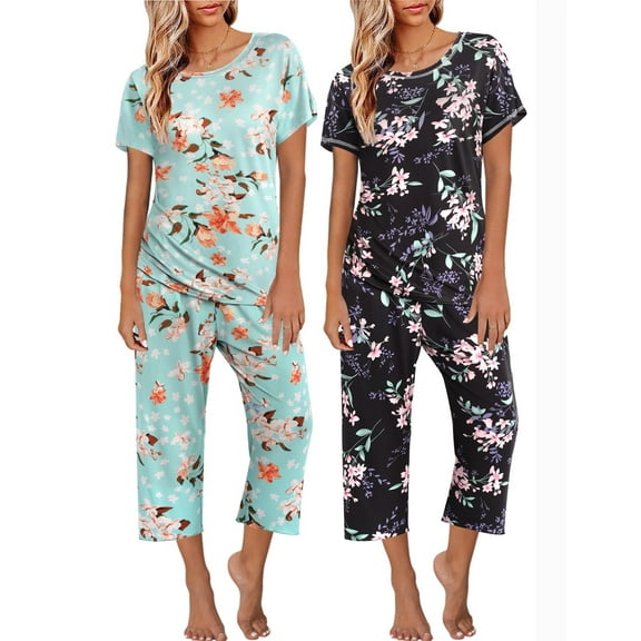 Avidlove 2 Pack Womens Pajamas Sets Short Sleeve Pj Tops and Capri Pants Floral Print Loungewear