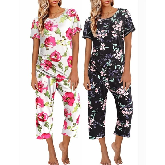 Avidlove 2 Pack Womens Pajamas Sets Short Sleeve Pj Tops and Capri Pants Floral Print Loungewear