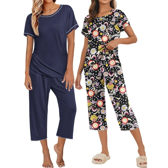 Avidlove 2 Pack Womens Pajamas Sets Short Sleeve Pj Tops and Capri Pants Print and Solid Loungewear