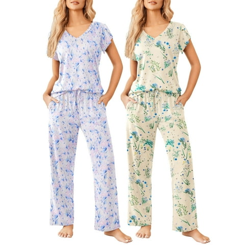 2 Pack Womens Pajamas Short Sleeve Sleepwear Top with Pants Super-Soft Printed Lounge Sets S-XXL