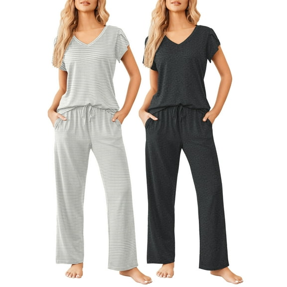 Avidlove 2 Pack Womens Pajamas Short Sleeve Sleepwear Top with Pants Super-Soft Printed Lounge Sets S-XXL