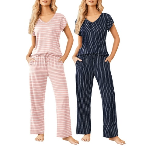 2 Pack Womens Pajamas Short Sleeve Sleepwear Top with Pants Super-Soft Printed Lounge Sets S-XXL
