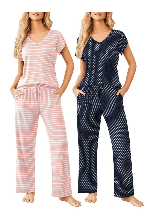 2 Pack Womens Pajamas Short Sleeve Sleepwear Top with Pants Super-Soft Printed Lounge Sets S-XXL