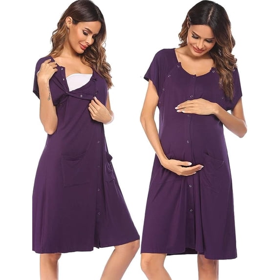 KISSGAL 3 in 1 Nursing Dress Maternity Nightgown Labor/Delivery Breastfeeding Birthing Gown with Button