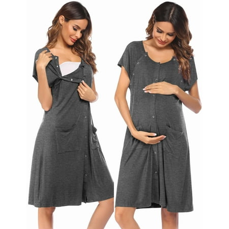 Avidlove 3 in 1 Nursing Nightgown Button Down Maternity Dress Labor/Delivery Breastfeeding Birthing Gown with Pocket
