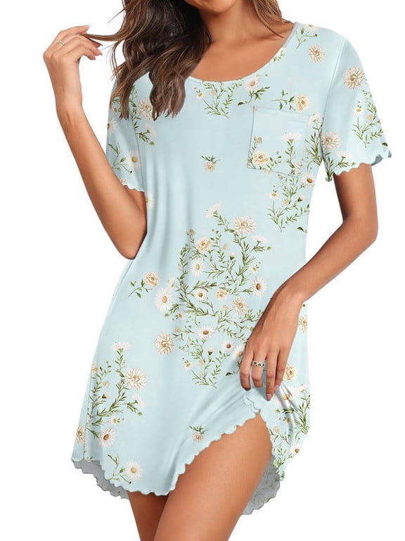 Bamboo Viscose Nightgowns for Women Ruffled Short Sleeve Sleepshirts Daisy Print Pajamas Dress with Chest Pocekts S-3XL