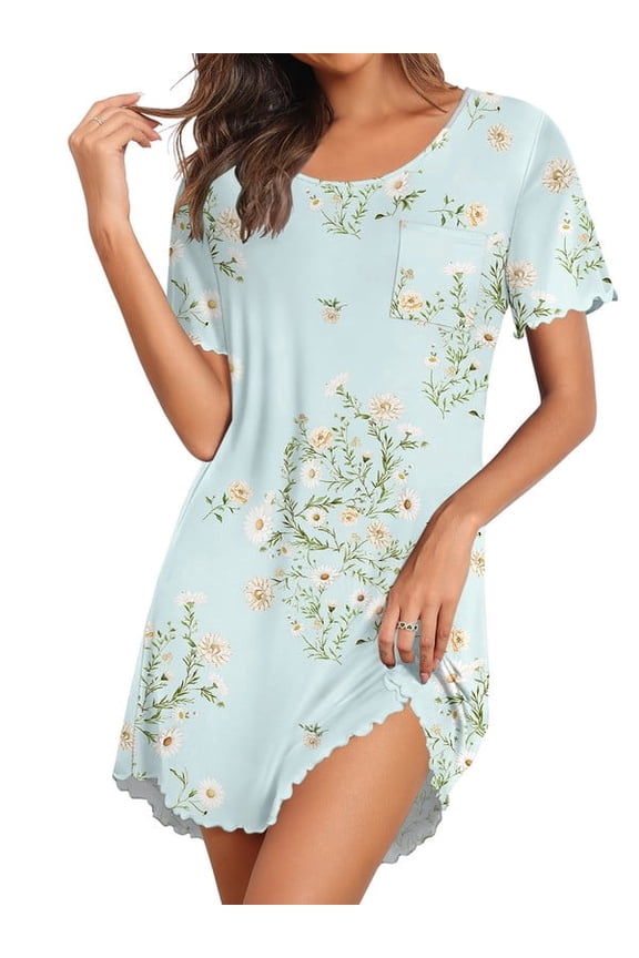 Bamboo Viscose Nightgowns for Women Ruffled Short Sleeve Sleepshirts Daisy Print Pajamas Dress with Chest Pocekts S-3XL