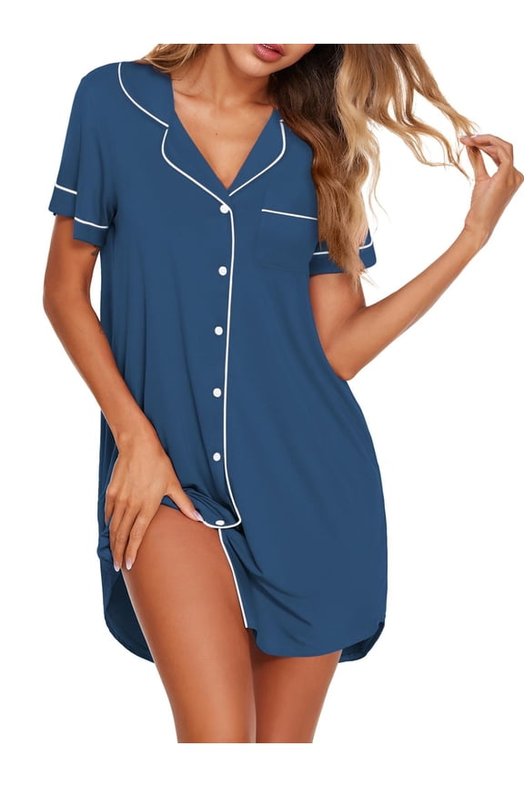 Button Down Nightgowns for Women Short Sleeve Sleep Shirts Notch Collar Pajamas Dress Soft Sleepwear