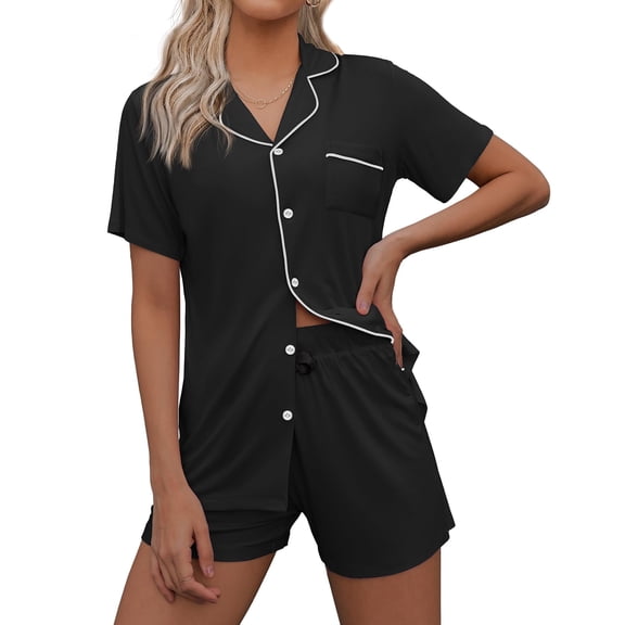 Avidlove Button Up Pajama Sets for Women 2 piece Loungewear Sets Short Sleeve Button Down Pj Sets Shorts Black Lounge Set Notch Collar Sleepwear