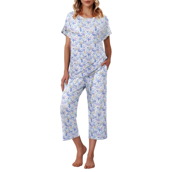Avidlove Capri Pajamas Set for Women Short Sleeve Tops and Pants Set with Pocket Soft Matching Pjs Lounge Sets S-2XL