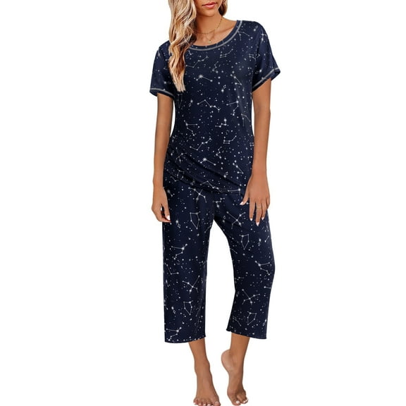 Avidlove Capri Pajamas Set for Women Short Sleeve Tops and Pants Set with Pocket Soft Matching Pjs Lounge Sets S-2XL