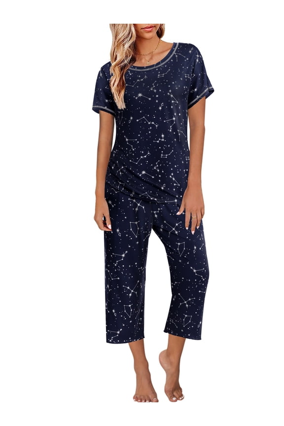 Capri Pajamas Set for Women Short Sleeve Tops and Pants Set with Pocket Soft Matching Pjs Lounge Sets S-2XL