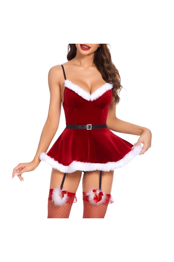 Christmas Lingerie for Women Sexy Santa Outfits Velvet Lingerie Set Chemise Sleepwear Nightgown