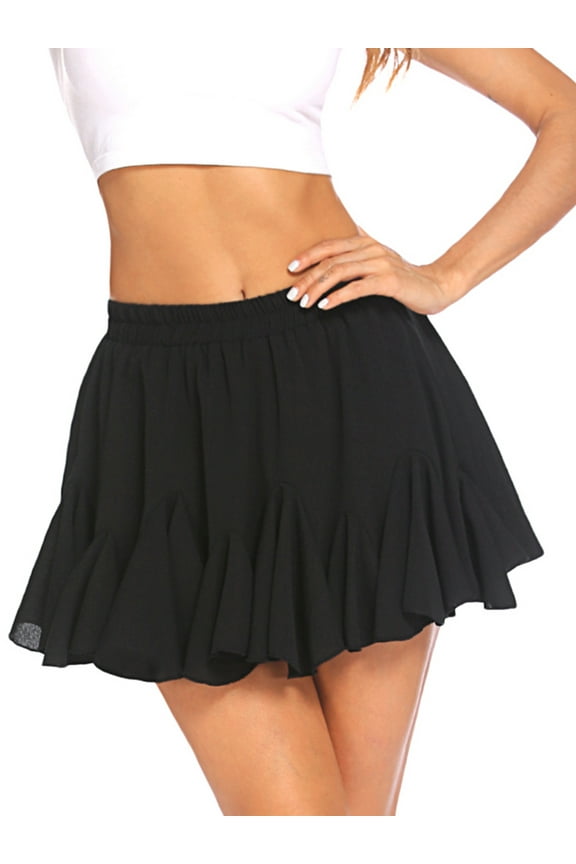 Flowy Mini Skirt for Women Black Ruffle Skater Skirts Casual High Waist Flared Short Lingerie Skirt