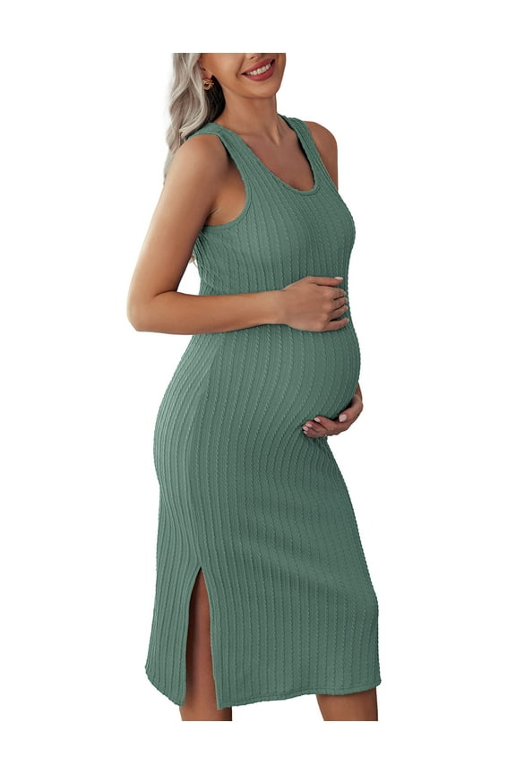 Green Maternity Dress for Baby Shower Women Rib Knit Summer Bodycon Midi Dress Sleeveless Tank Dress Casual Pergnancy Outfits for Photoshoot