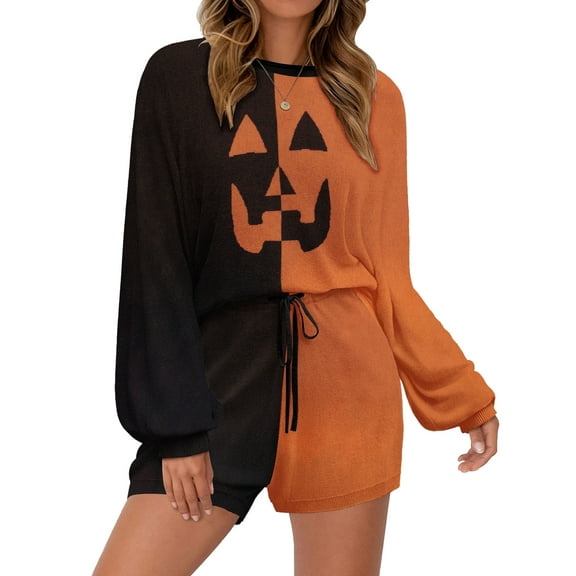 Avidlove Halloween Knit Pajama Set for Women Long Sleeve Tops and Shorts Loungewear with Pocket Casual Matching Outfits Sleepwear