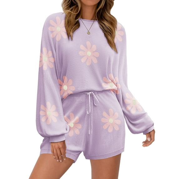 Avidlove Knit Pajama Set for Women Long Sleeve Floral Tops and Shorts Lounge Set with Pocket 2 Piece Matching Outfits Casual Sweater Sets Sleepwear