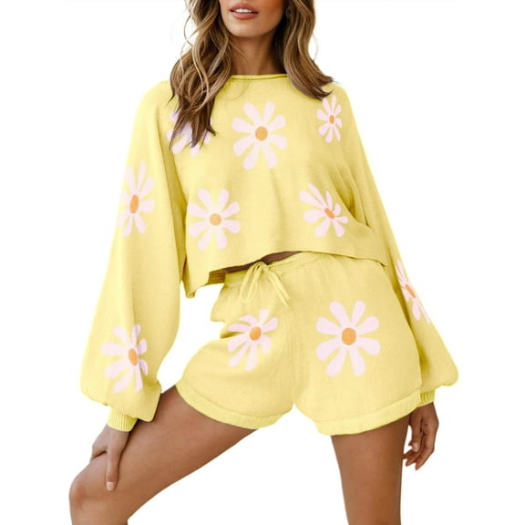 Avidlove Knit Pajama Set for Women Long Sleeve Floral Tops and Shorts Lounge Set with Pocket 2 Piece Matching Outfits Casual Sweater Sets Sleepwear