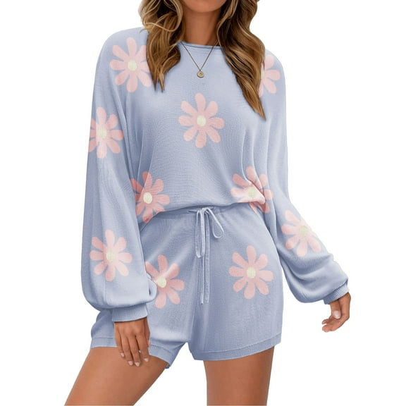 Avidlove Knit Pajama Set for Women Long Sleeve Floral Tops and Shorts Lounge Set with Pocket 2 Piece Matching Outfits Casual Sweater Sets Sleepwear