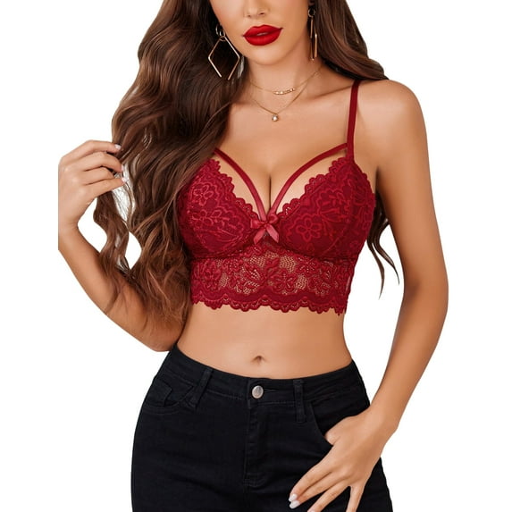 Avidlove Lace Bralette Bra for Women Spaghetti Adjustable Strap Bustier Tops Lingerie Sexy Camisoles Bra Crop Tops No Underwire Tank,Wine Red,L