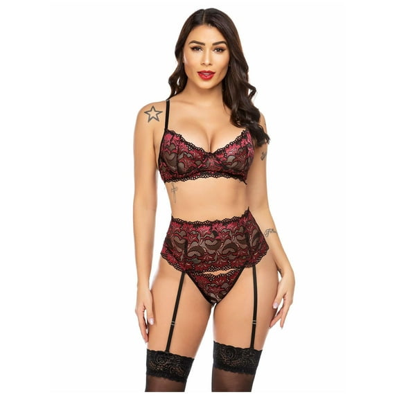 Avidlove Lingerie For Women Garter Lingerie Set High Waisted Lingerie Sets Lace Underwear Dark Red L