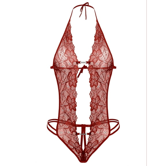 Avidlove Lingerie for Women Lace Bodysuit Halter One Piece Lingerie Nightwear Wine Red L