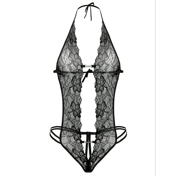 Avidlove Lingerie for Women Lace Bodysuit Halter One Piece Lingerie Sleepwear Black S