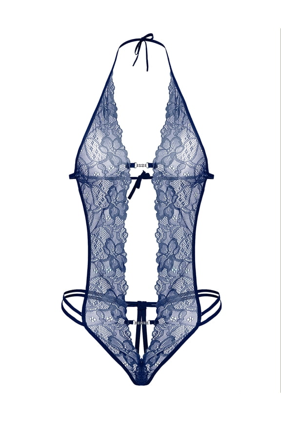 Lingerie for Women Lace Bodysuit Halter One Piece Lingerie Sleepwear Navy Blue L