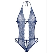 Avidlove Lingerie for Women Lace Bodysuit Halter One Piece Lingerie Sleepwear Navy Blue M