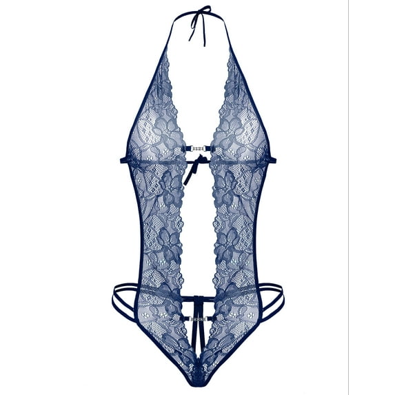Avidlove Lingerie for Women Lace Bodysuit Halter One Piece Lingerie Sleepwear Navy Blue XL