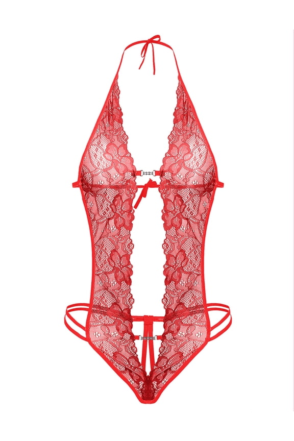 Lingerie for Women Lace Bodysuit Halter One Piece Lingerie Sleepwear Red XL