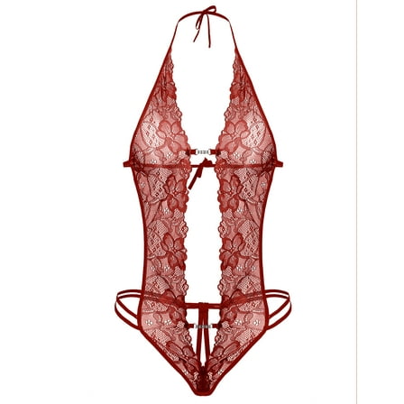 Avidlove Lingerie for Women Lace Bodysuit Halter One Piece Lingerie Sleepwear Wine Red M