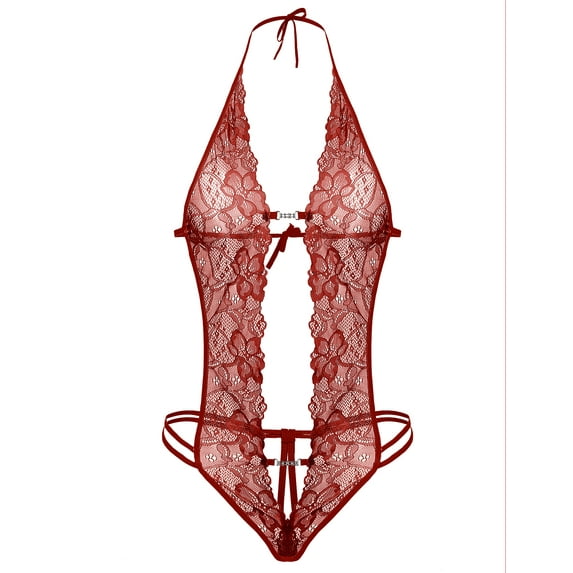 Avidlove Lingerie for Women Lace Bodysuit Halter One Piece Lingerie Sleepwear Wine Red S