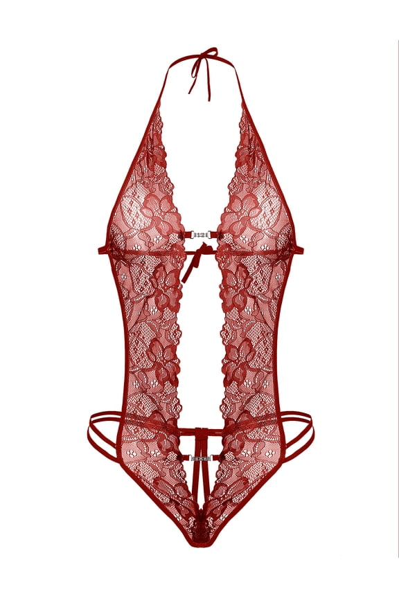 Lingerie for Women Lace Bodysuit Halter One Piece Lingerie Sleepwear Wine Red S