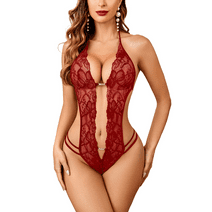 Avidlove Lingerie for Women Sexy Lace Bodysuit Halter Teddy One Piece Babydoll Wine Red M