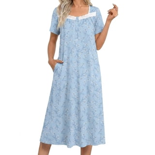 Avidlove Long Nightgowns for Women Henley Floral Ladies Gowns Short Sleeve Btton Neck Nightdress House Dress Sleepwear with Pockets