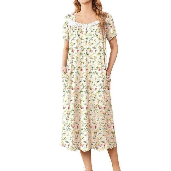 Avidlove Long Nightgowns for Women Henley Floral Ladies Gowns Short Sleeve Btton Neck Nightdress House Dress Sleepwear with Pockets
