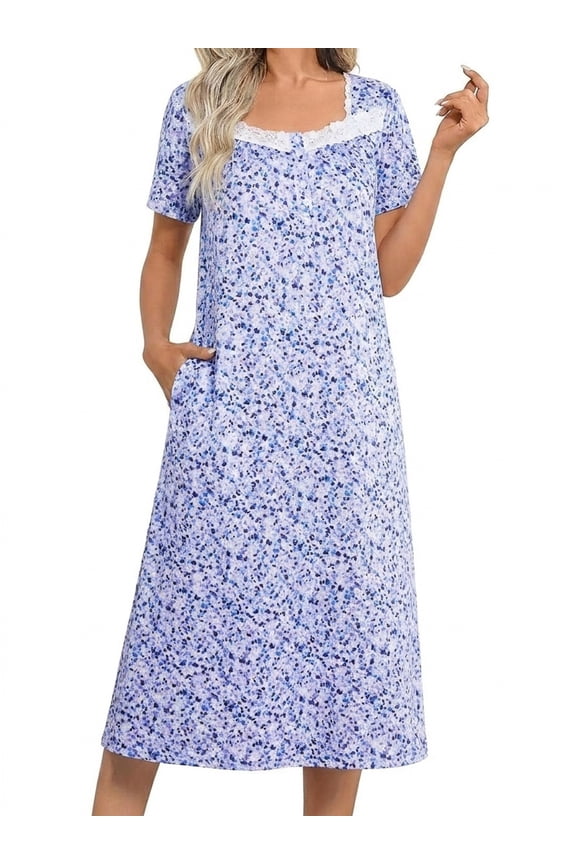 Long Nightgowns for Women Henley Floral Ladies Gowns Short Sleeve Btton Neck Nightdress House Dress Sleepwear with Pockets